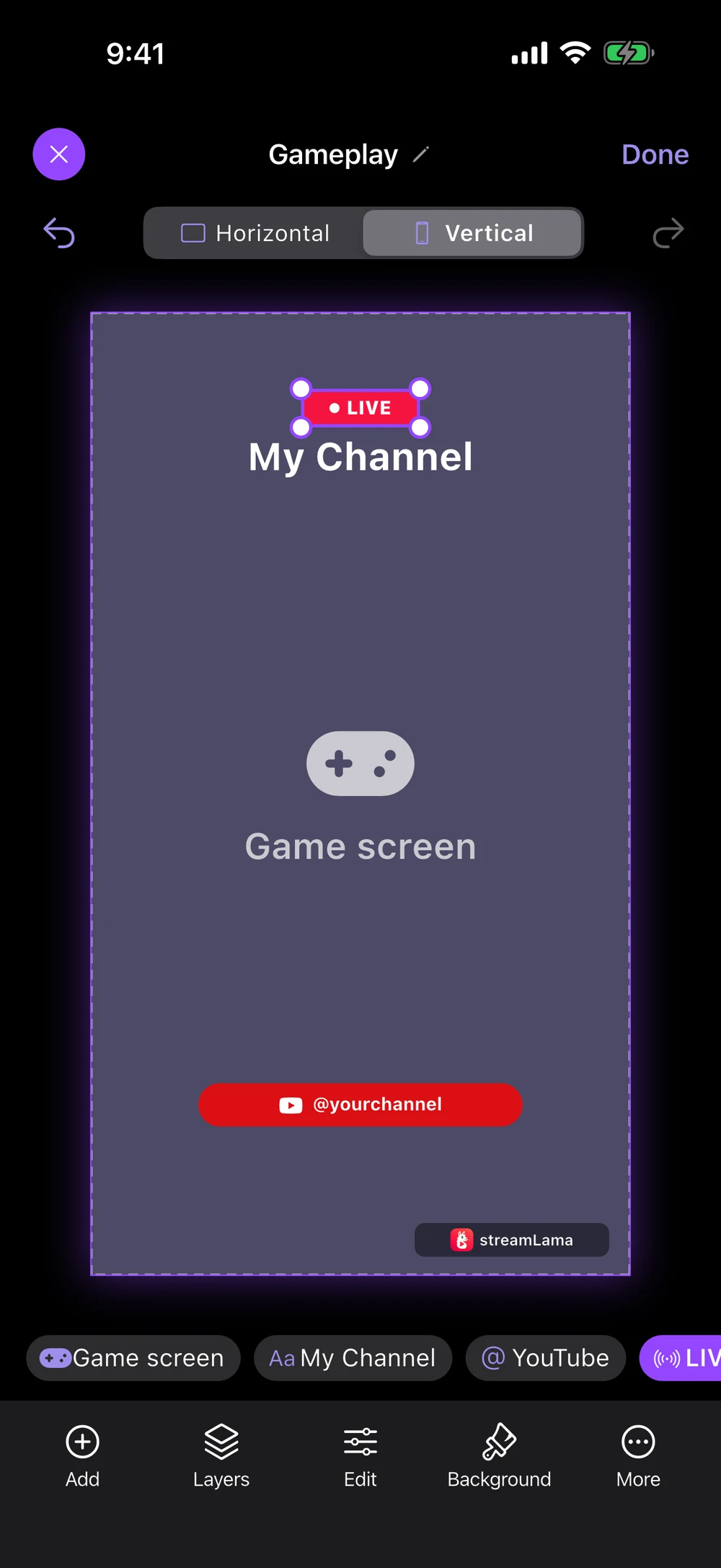 streamLama scene editor showing a vertical 9:16 layout with gameplay, text, a social handle and a LIVE badge as layers